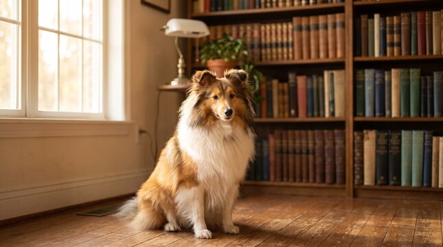 Sheltie in a library