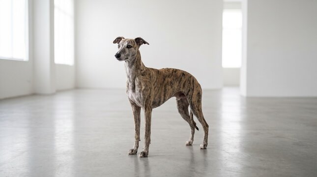 Whippet in a white room
