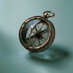 Fototapeta premium Cracked brass compass glass with engraved initial on sage green