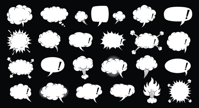 Large collection of twenty-eight diverse white comic book speech bubbles of various shapes on a solid black background.