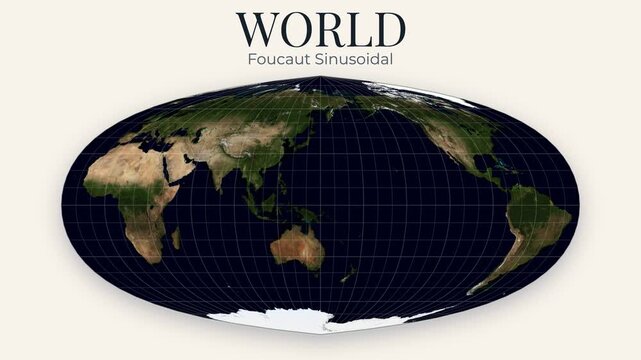 World Map. Foucaut sinusoidal projection. Rotating Earth with graticule overlay. Seamless loop. 4K resolution. Elements of this animation derived from NASA imagery.