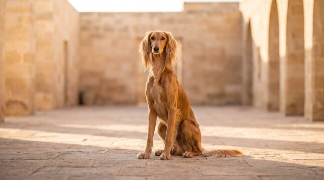 Saluki in an ancient courtyard