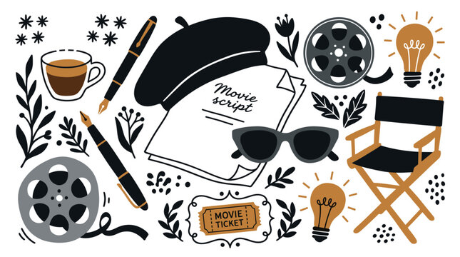 film and creativity design icons with director chair, movie script and light bulb for presentation design style