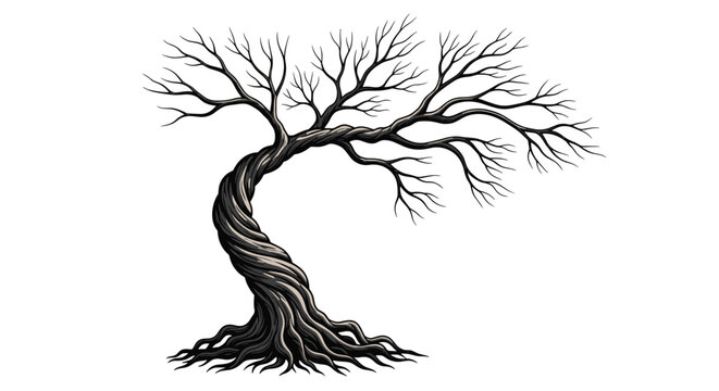Detailed hand-drawn illustration of a bare twisted oak tree with complex roots and branch systems.