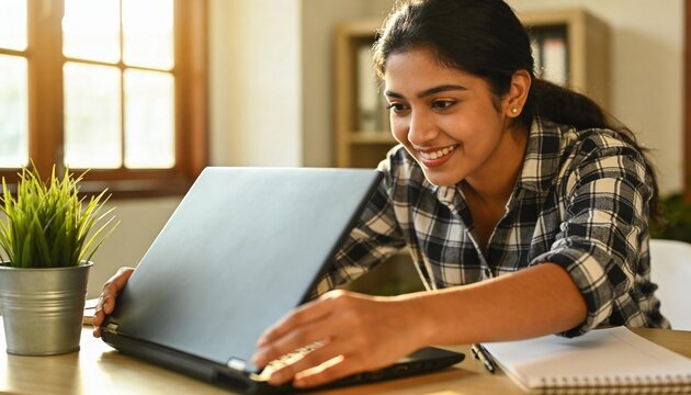 Young woman smiling while opening a laptop at a wooden desk. Happy South Asian student working in a sunlit home office or coworking space. Remote work and productivity concept
