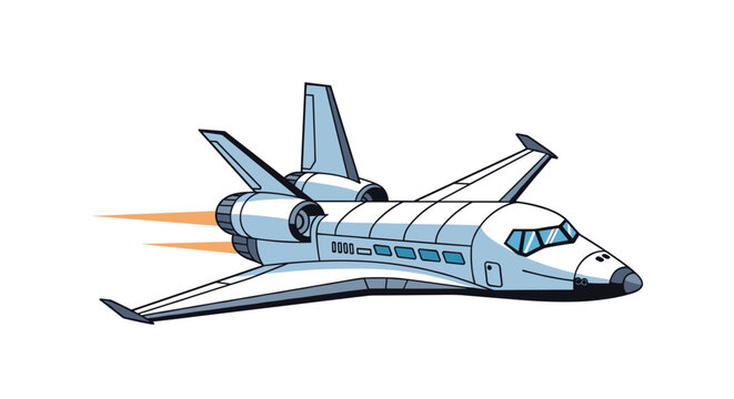 Aerodynamic space shuttle flying fast with orange rocket trails coming from jet engines over white background.