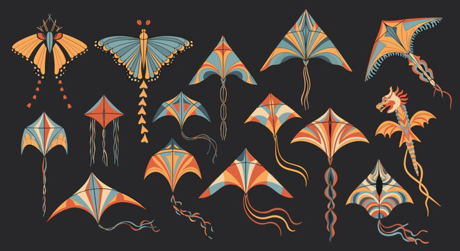 Collection of colorful decorative flying kites with different shapes and long tails isolated on a dark background.