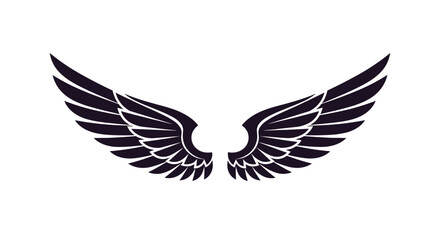 Fototapeta premium Majestic symmetrical pair of black feathered wings spread wide open and isolated on a clean white background.