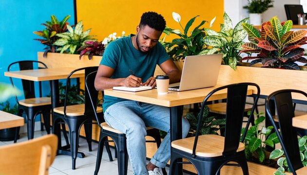 Young Black man working in a modern cafe. Focused on writing in a notebook with a laptop. Remote work and study concept