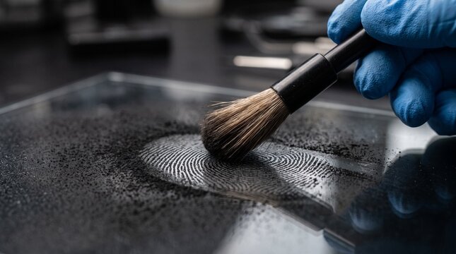 Forensic investigator uses a soft black brush to reveal a clear human fingerprint on a glass surface during a professional crime scene evidence collection process today