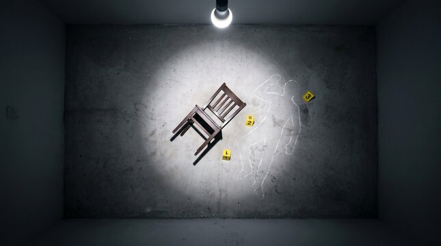 Wooden chair lying beside a white chalk outline of a body on a dark concrete floor illuminated by a single bright overhead light bulb fixture