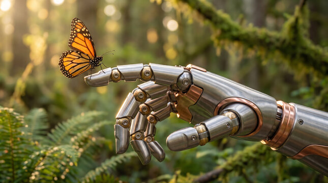 Robot Hand Reaching Toward Butterfly In Green Garden, Eco Technology