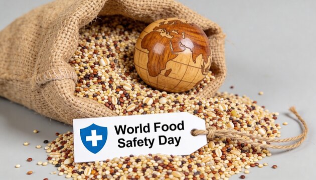 World Food Safety Day. Grains and seeds spilling from a burlap sack with a wooden globe. Global food security and nutrition concept. Awareness tag with shield icon on grey background