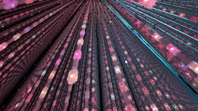 The Infinite Crystal Universe Light Installation with Glowing Hanging LED Strands at teamLab Planets TOKYO