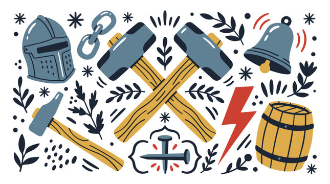 Medieval and blacksmith design icons with helmet, hammer and barrel for branding in doodle style