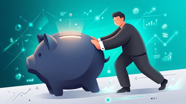 Professional businessman in a dark suit pushes a large blue piggy bank forward across a vibrant digital landscape featuring glowing financial charts and data icons