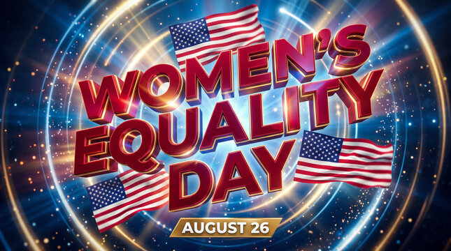 Women equality day text written in bold red metallic letters with floating american flags against swirling golden light circular background.