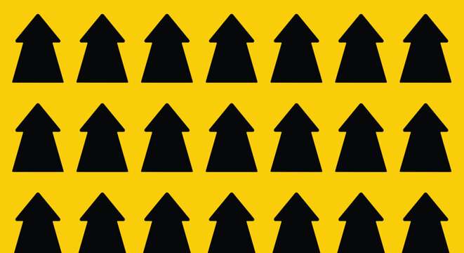 Abstract yellow graphic background decorated with repetitive black arrows pointing upwards in three structured rows.