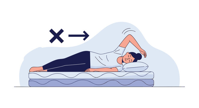Educational illustration of a girl lying in bed showing incorrect sleeping posture with a warning cross mark.