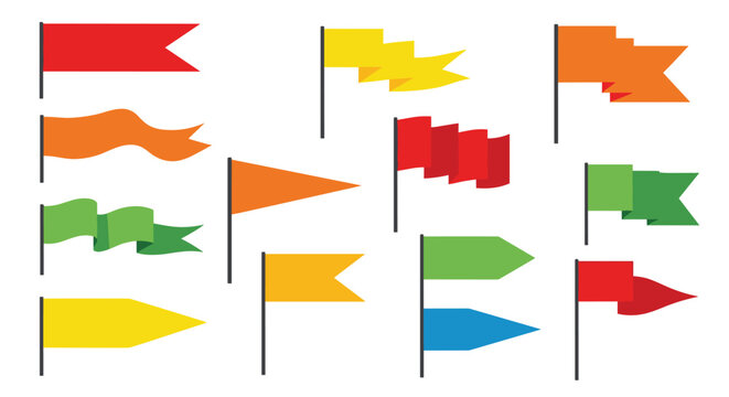 Large set of twelve simple colorful flags in various shapes including rectangular, wavy, and pennant designs.