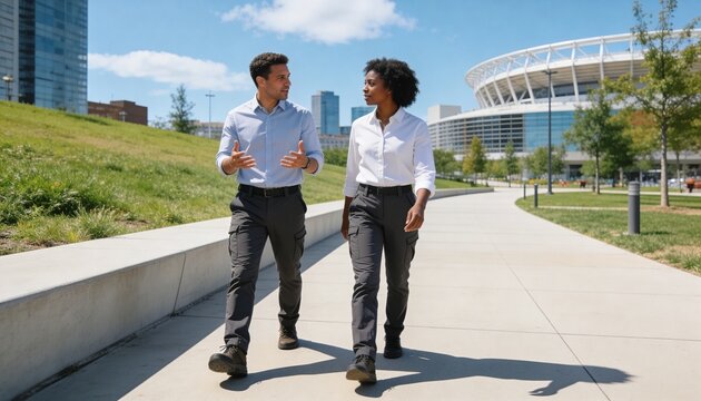 Professional man and woman walking and talking in an urban park. Colleagues having a business meeting outdoors with a stadium background. Job interview and collaboration concept