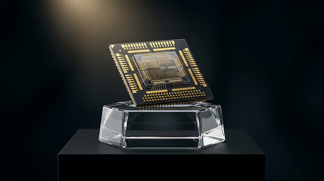 RAM memory chip on pedestal showcased as futuristic hardware exhibit on glass base