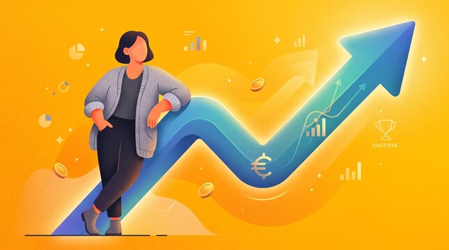 Business woman leaning against a large blue rising arrow graph representing financial success and economic growth in a modern colorful digital vector illustration art style design