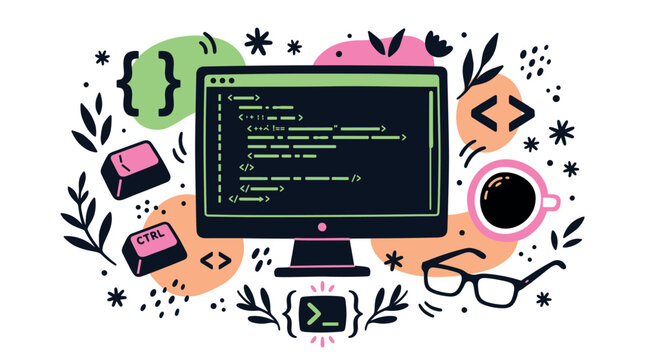 programming and coding vector icons with computer screen, keyboard keys and coffee for infographic design in flat colorful style