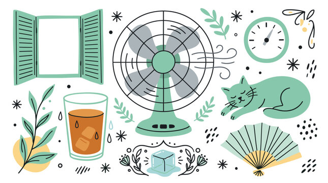 Cooling and comfort concept icons with fan, cat and glass for dashboard design in fresh vector illustration