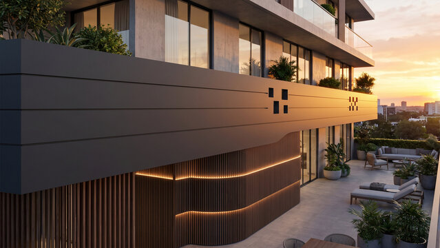 Minimalist Premium Front Parapet
"Minimalist front terrace parapet design with clean horizontal lines, curved wooden accent wall, recessed warm LED lighting, square decorative cutouts, matte charcoal 