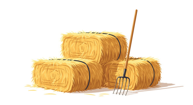 Stack of dry yellow straw hay bales with a pitchfork leaning nearby represents harvesting, autumn, and farm work.
