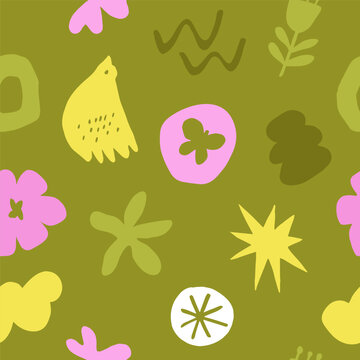 Cute naive vector seamless pattern with colorful abstract cut outs