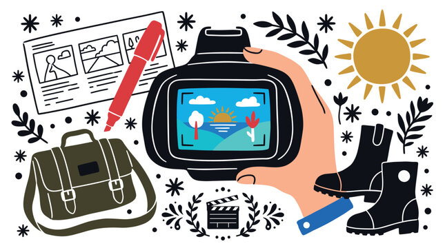 photography and creativity design icons with camera, backpack and boots for branding in colorful hand drawn illustration