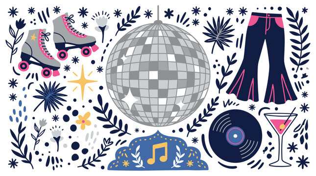 Disco and retro vector icons with roller skates, disco ball and vinyl record for party invitation design in colorful illustration