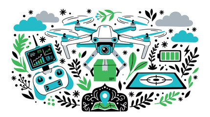 Fototapeta premium Drone and technology concept icons with flying quadcopter, remote control and map for web design in modern illustration