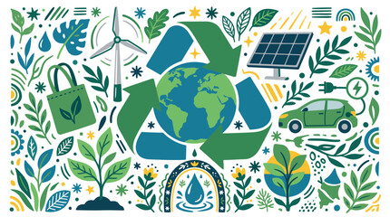 Obraz premium Ecology and renewable energy concept icons with recycling, solar panel and electric car for infographic design in colorful vector art