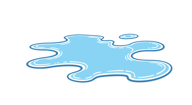 Simple cartoon illustration of a clean blue water puddle on the ground, isolated on a clean white background.