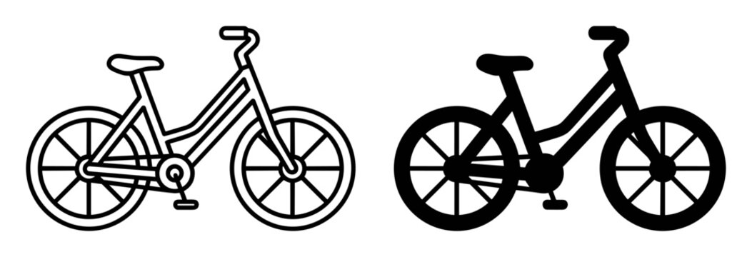 Simple black and white line art and silhouette bicycles side by side on transparent background