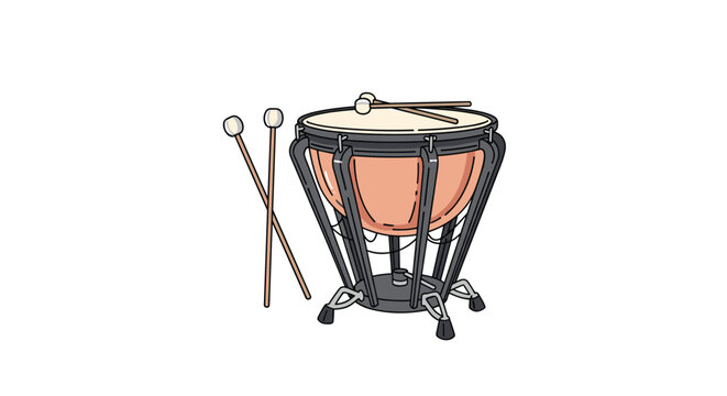 Timpani drum with wooden frames and copper kettle, shown alongside two pairs of mallets on white background.