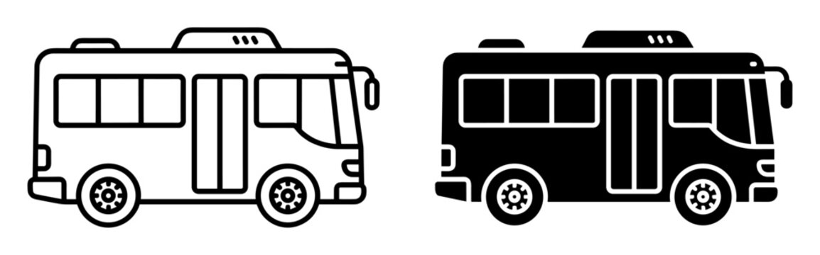 outline and solid style mini bus icons set side view public transport vehicle collection on transparent background