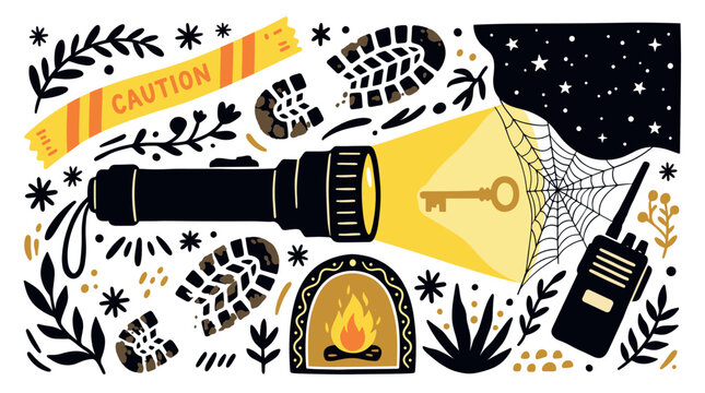 Safety and exploration design icons with flashlight, boots and caution tape for presentation design in outline style