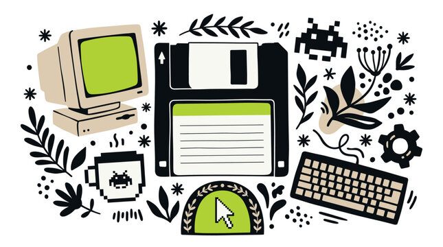 Retro technology and computing concept icons with monitor, floppy disk and keyboard for web design in minimal outline style