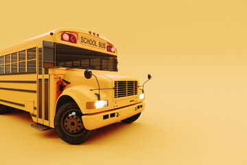 School bus on yellow background with copy space. Ready for school. Back to school. 3D Rendering, 3D Illustration © hd3dsh