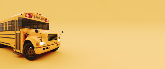 School bus on yellow background with copy space. Ready for school. Back to school. 3D Rendering, 3D Illustration © hd3dsh