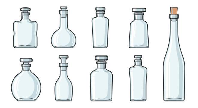 Collection of ten different empty glass bottles and decanters with matching stoppers, isolated on white background.