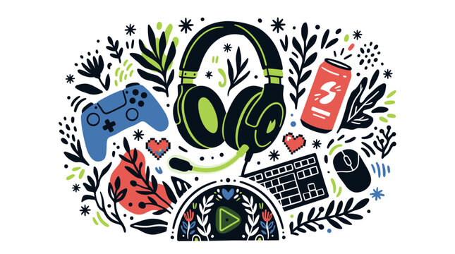 Gaming and streaming vector icons with headset, gamepad and keyboard for web design in doodle style