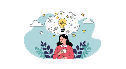 Naklejka premium Young woman enjoying a warm cup of coffee while having creative ideas represented by a light bulb in a thought cloud.