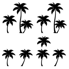 Fototapeta premium Eight black silhouette palm trees evenly spaced in a 4x2 grid, set against a plain white background. The palm trees are stylized with thick, bold lines and have a slightly curved trunk with a full,...