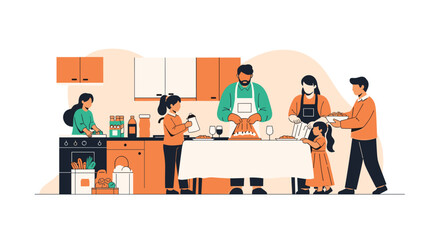 Fototapeta premium Large happy family with parents and children working together in a cozy kitchen to prepare a delicious dinner.
