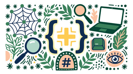 Fototapeta premium Coding and technology vector icons with laptop, magnifying glass and hashtag for web design in colorful illustration style